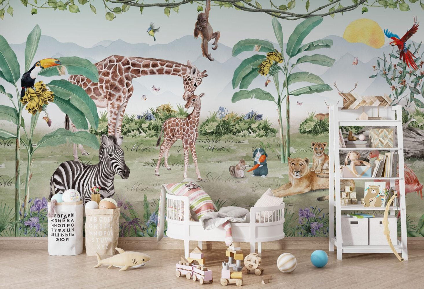 Double Animals in Tropical Forest Wallpaper For Kidsroom, Child Wallpaper , Peel and Stick Wallpaper, Animals Wallpaper, Jungle Wallpaper
