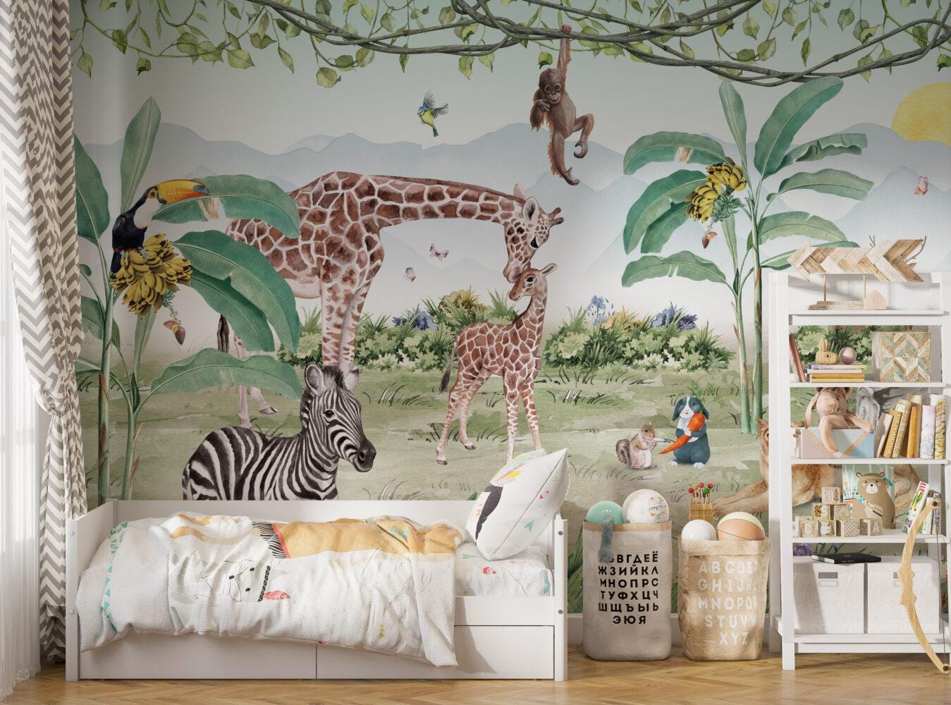 Double Animals in Tropical Forest Wallpaper For Kidsroom, Child Wallpaper , Peel and Stick Wallpaper, Animals Wallpaper, Jungle Wallpaper