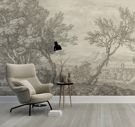 Black and White Forest and City Wallpaper, Mystic Wallpaper, Trees Mural, Peel and Stick Wallpaper, Design Wallpaper, Modern Mural