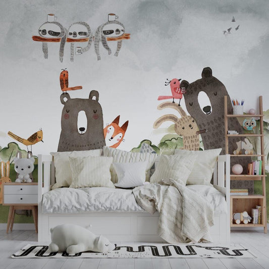 Cute Animals Wallpaper with Watercolor Look, Bear Wallpaper Nursery , Nature Childrens Wallpaper , Peel and Stick Wallpaper, Baby Wallpaper