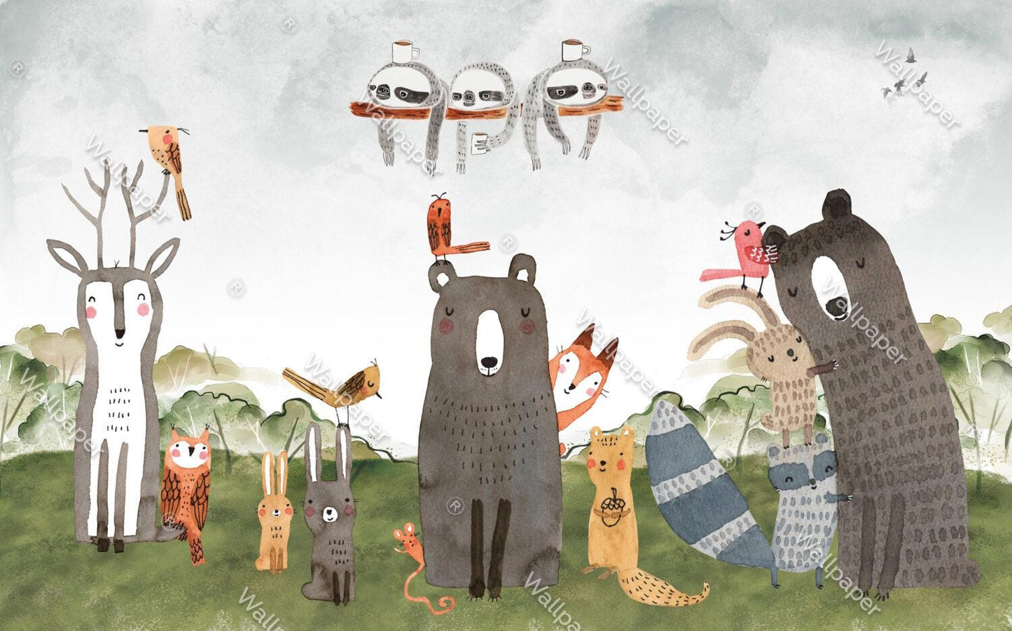 Cute Animals Wallpaper with Watercolor Look, Bear Wallpaper Nursery , Nature Childrens Wallpaper , Peel and Stick Wallpaper, Baby Wallpaper