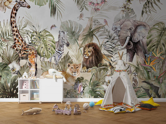 Animal friends in the tropical forest Wallpaper For Kidsroom, Childrens Wallpaper, Wall Mural Nursery, Wide Wallpaper, Jungle Wallpaper