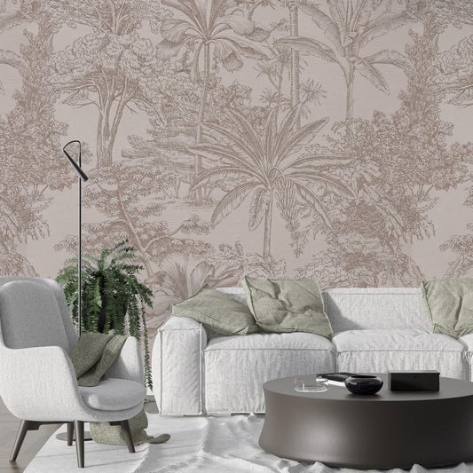 Tropical Pattern Wallpaper in Linear Beige Tone, Peel and Stick Wallpaper, Stylish Room Design, Tropical Wallpaper, Palm Trees Mural