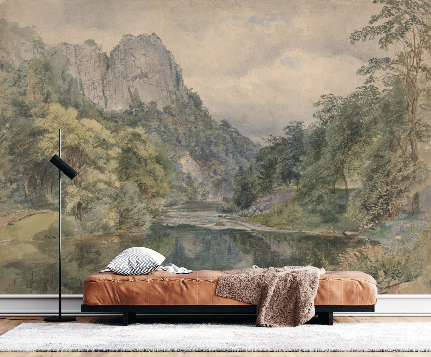 River and Forest Landscape Wallpaper, Mountain Tual Wallpaper, Nature Mural, Painting Wallpaper, Peel and Stick Wallpaper, Green Wallpaper