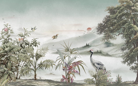 Stork and Flashy Wallpaper in Beige Soft Tones, Calm Designed Wallpaper, Nature Wall Mural, Peel and Stick Wallpaper, Tropical Wallpaper