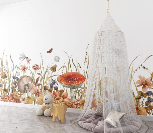 Mushrooms in the Forest Wallpaper For Kidsroom, Wallpaper Nursery, Nature Childrens Wallpaper, Butterfly Wall Mural, Baby Girl Wallpaper