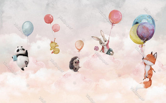 Cute Animals Holding on Balloons Wallpaper For Kidsroom, Cute Animals Wallpaper Nursery, Childrens Wallpaper , Peel and Stick Baby Wallpaper