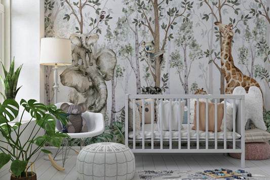 The forest and its animal friends Wallpaper For Kidsroom, Childrens Wallpaper, Wall Mural Nursery, Safari Wallpaper, Jungle Wallpaper