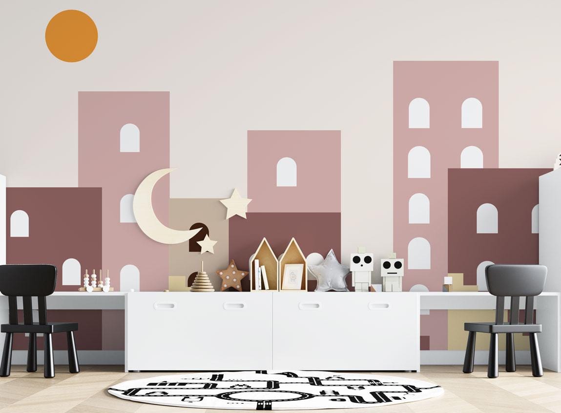 Pictorial City View Wallpaper For Kidsroom, Soft Pink Wallpaper Nursery, Childroom Wallpaper, Peel and Stick Wallpaper, Watercolor Wallpaper