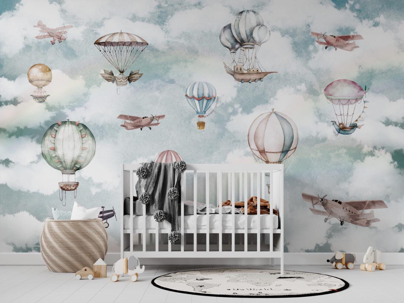 Balloons Flying in the Sky Wallpaper For Kidsroom, Cute Animals Wallpaper Nursery, Soft Childrens Wallpaper , Peel and Stick Baby Wallpaper