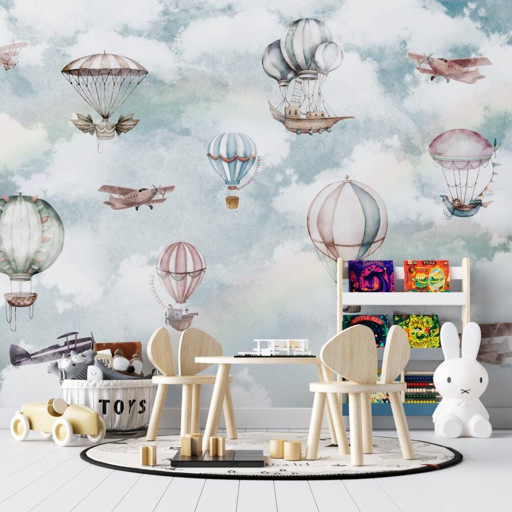 Balloons Flying in the Sky Wallpaper For Kidsroom, Cute Animals Wallpaper Nursery, Soft Childrens Wallpaper , Peel and Stick Baby Wallpaper