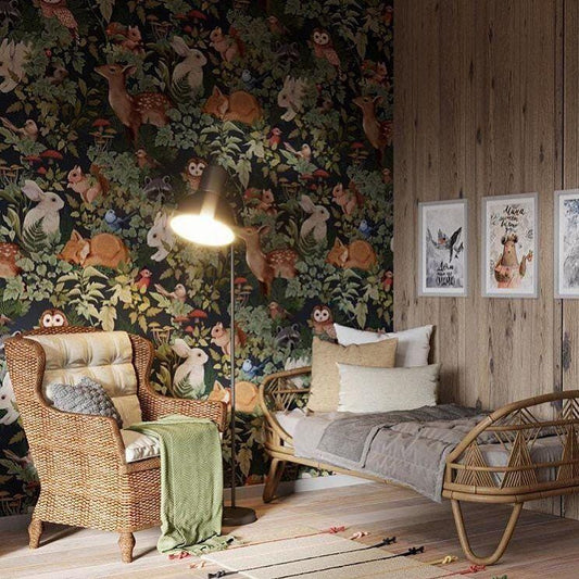 Jimmy Cricket Pattern Wallpaper in Dark Colors, illustration Wallpaper Nursery, Peel and Stick Wallpaper, Watercolor Rabbit Child Wallpaper