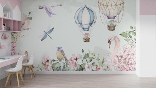 Animals with Flying Balloons 3D Wallpaper in Soft Tones, Cute Animals Wallpaper Nursery, Child Wallpaper, Peel and Stick Baby Girl Wallpaper