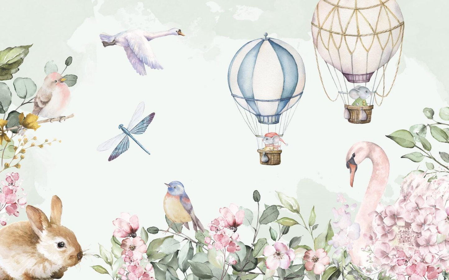 Animals with Flying Balloons 3D Wallpaper in Soft Tones, Cute Animals Wallpaper Nursery, Child Wallpaper, Peel and Stick Baby Girl Wallpaper