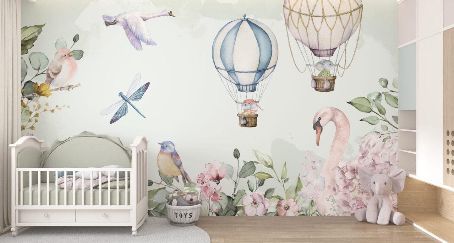 Animals with Flying Balloons 3D Wallpaper in Soft Tones, Cute Animals Wallpaper Nursery, Child Wallpaper, Peel and Stick Baby Girl Wallpaper