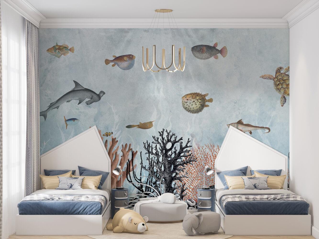 Fish And Sea Plants Wallpaper, Underwater Wallpaper For Kidsroom, Sea Wallpaper Nursery, Blue Childrens Wallpaper, Peel and Stick Wallpaper
