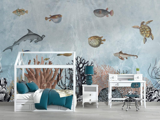 Fish And Sea Plants Wallpaper, Underwater Wallpaper For Kidsroom, Sea Wallpaper Nursery, Blue Childrens Wallpaper, Peel and Stick Wallpaper