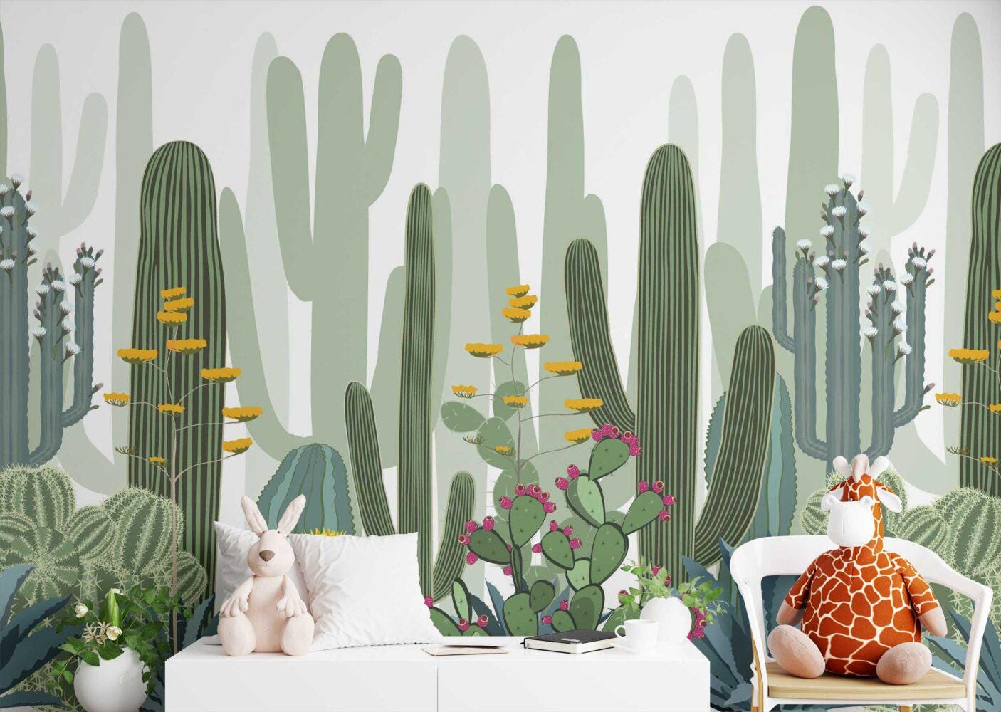 Cactus Patterned Wallpaper For Kidsroom, Mediterranean Garden Wallpaper Nursery , Nature Kids Wall Mural, Peel and Stick Childrens Wallpaper