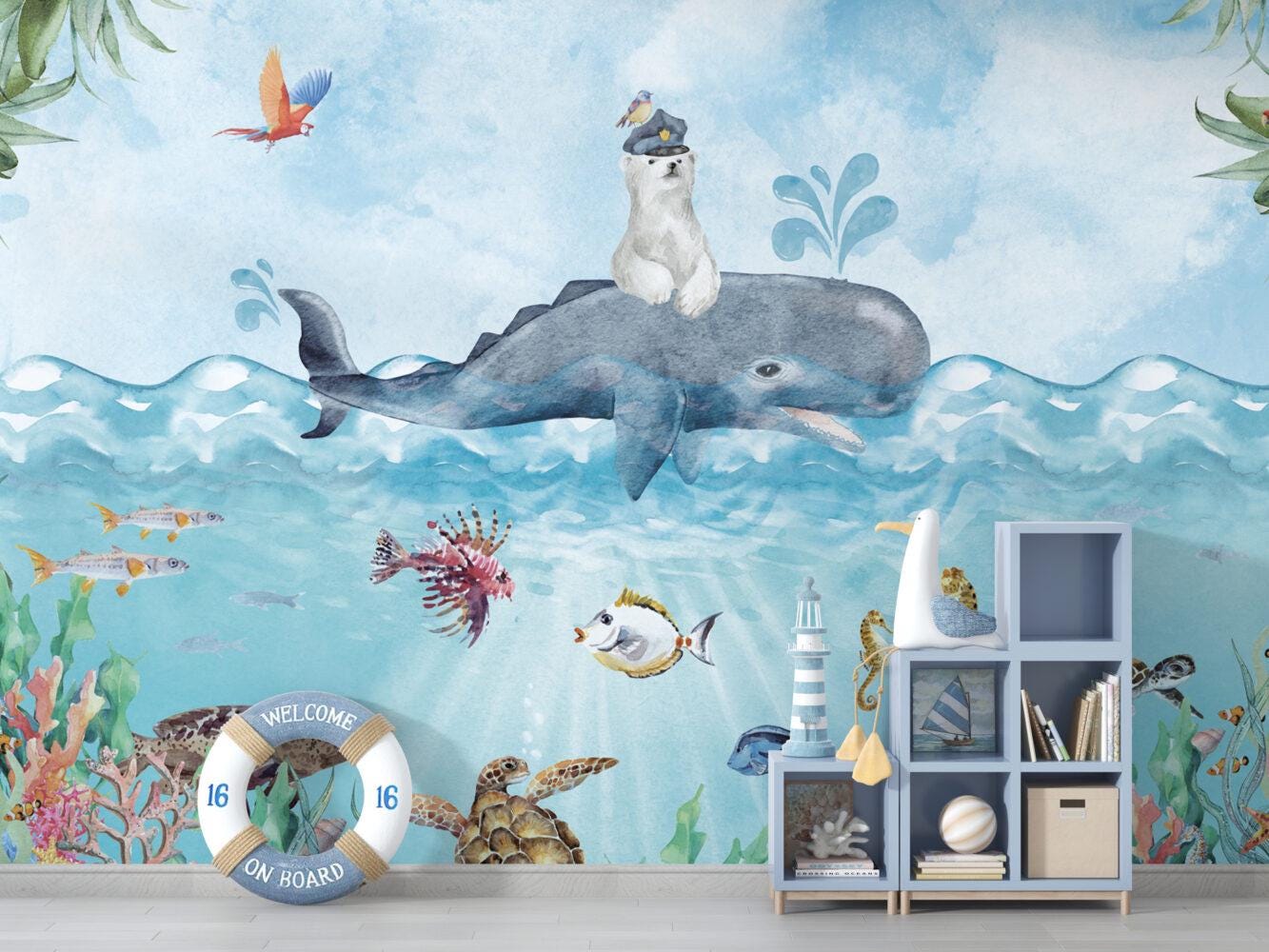 Polar Bear And Whale Wallpaper, Underwater Wallpaper For Kidsroom, Sea Wallpaper Nursery, Blue Childrens Wallpaper, Peel and Stick Wallpaper