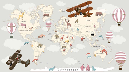 World Map Wallpaper with Airplane and Balloons, Children Wallpaper , Peel and Stick Wallpaper Nursery, Baby Mural, World Animals Wallpaper