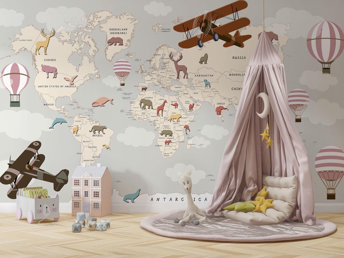 World Map Wallpaper with Airplane and Balloons, Children Wallpaper , Peel and Stick Wallpaper Nursery, Baby Mural, World Animals Wallpaper