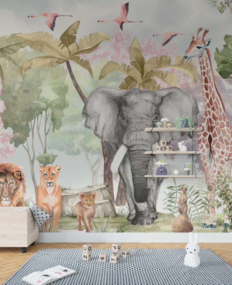 Safari Animals Tropical Wallpaper in Vivid Colors For Kidsroom, Childrens and Baby Wallpaper, Wall Mural Nursery, Wild Jungle Wallpaper