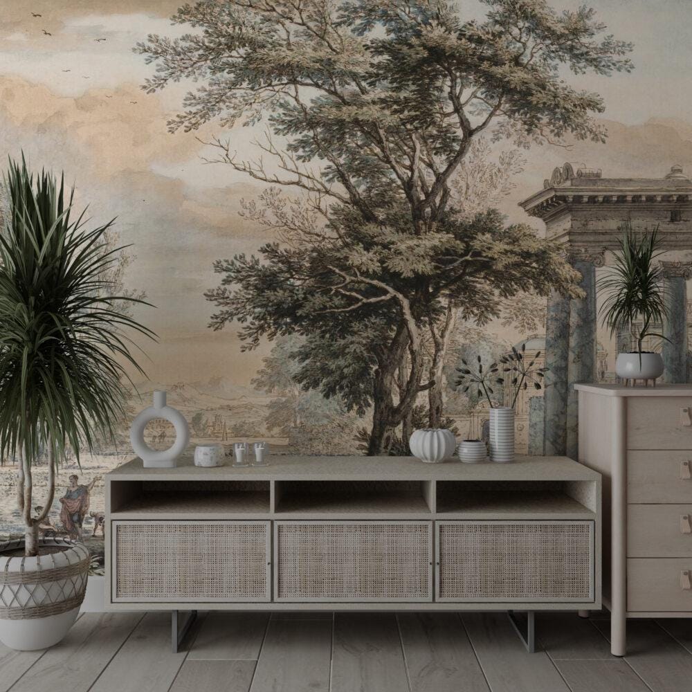 Ancient Rome Wallpaper, Bohemian Wallpaper, Trees Mural Peel and Stick Wallpaper, Antique Wallpaper, Nostalgic Wallpaper, Drawwing Wallpaper