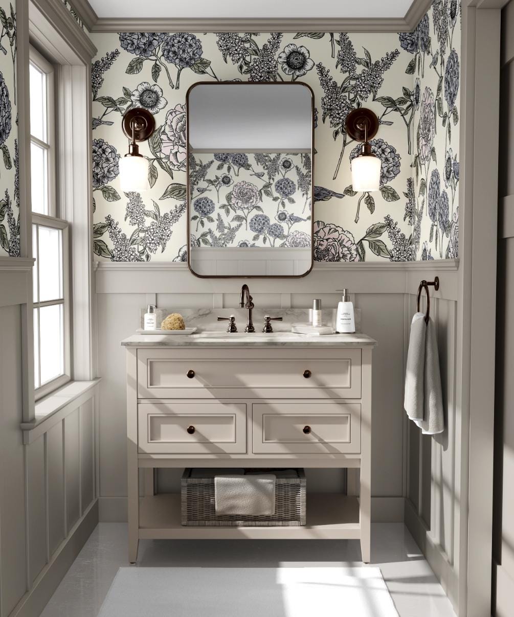 Hydrangea Flowers and Birds Wallpaper, Floral Wallpaper, Romantic Wall Mural, Peel and Stick Wallpaper, Drawing Wallpaper
