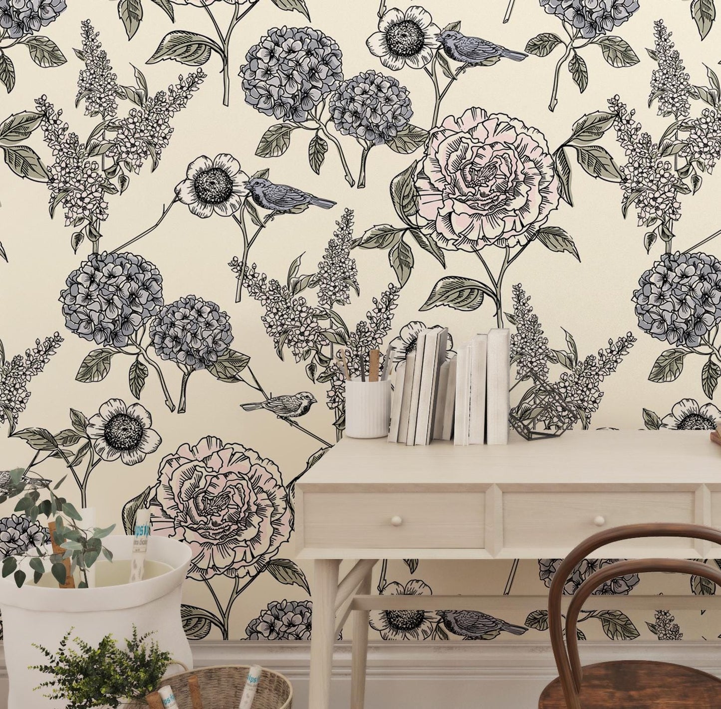 Hydrangea Flowers and Birds Wallpaper, Floral Wallpaper, Romantic Wall Mural, Peel and Stick Wallpaper, Drawing Wallpaper