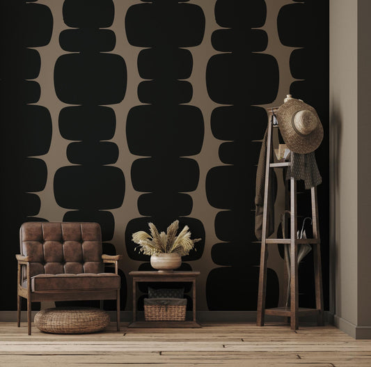 Black Blocks on Beige Background Wallpaper, Peel and Stick Wallpaper, Stylish Room Design, Black Wallpaper, Geometric Pattern Wallpaper