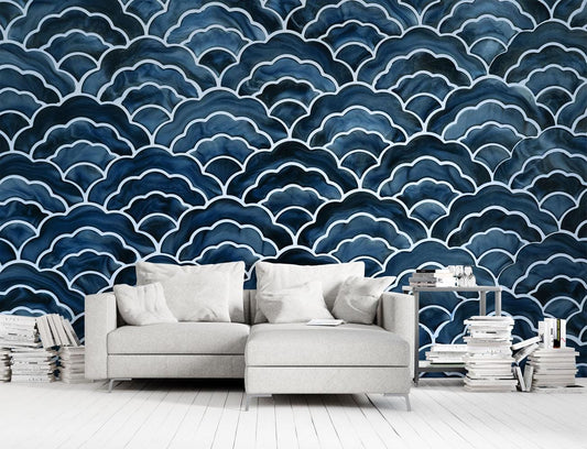 Ceramic Look Blue Wavy White Patterns Wallpaper, Peel and Stick Wallpaper, Stylish Room Design, Navy Blue Wallpaper, Tile Pattern Wallpaper