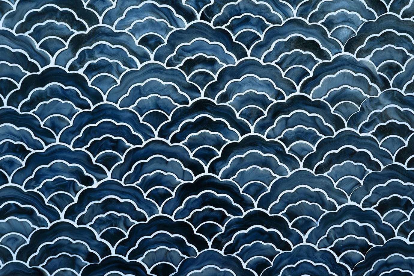 Ceramic Look Blue Wavy White Patterns Wallpaper, Peel and Stick Wallpaper, Stylish Room Design, Navy Blue Wallpaper, Tile Pattern Wallpaper