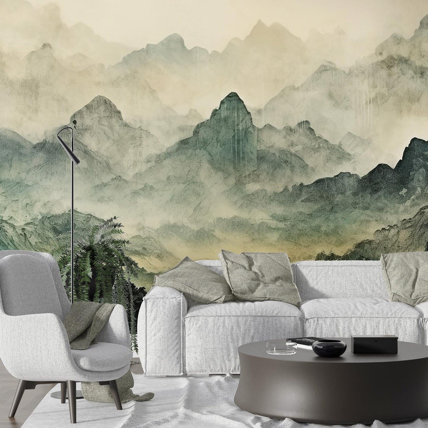 Misty Craggy Mountains Wallpaper, Tual Wallpaper, Nature Mural, Painting Wallpaper, Peel and Stick Wallpaper, Green Wallpaper, Fog Wallpaper