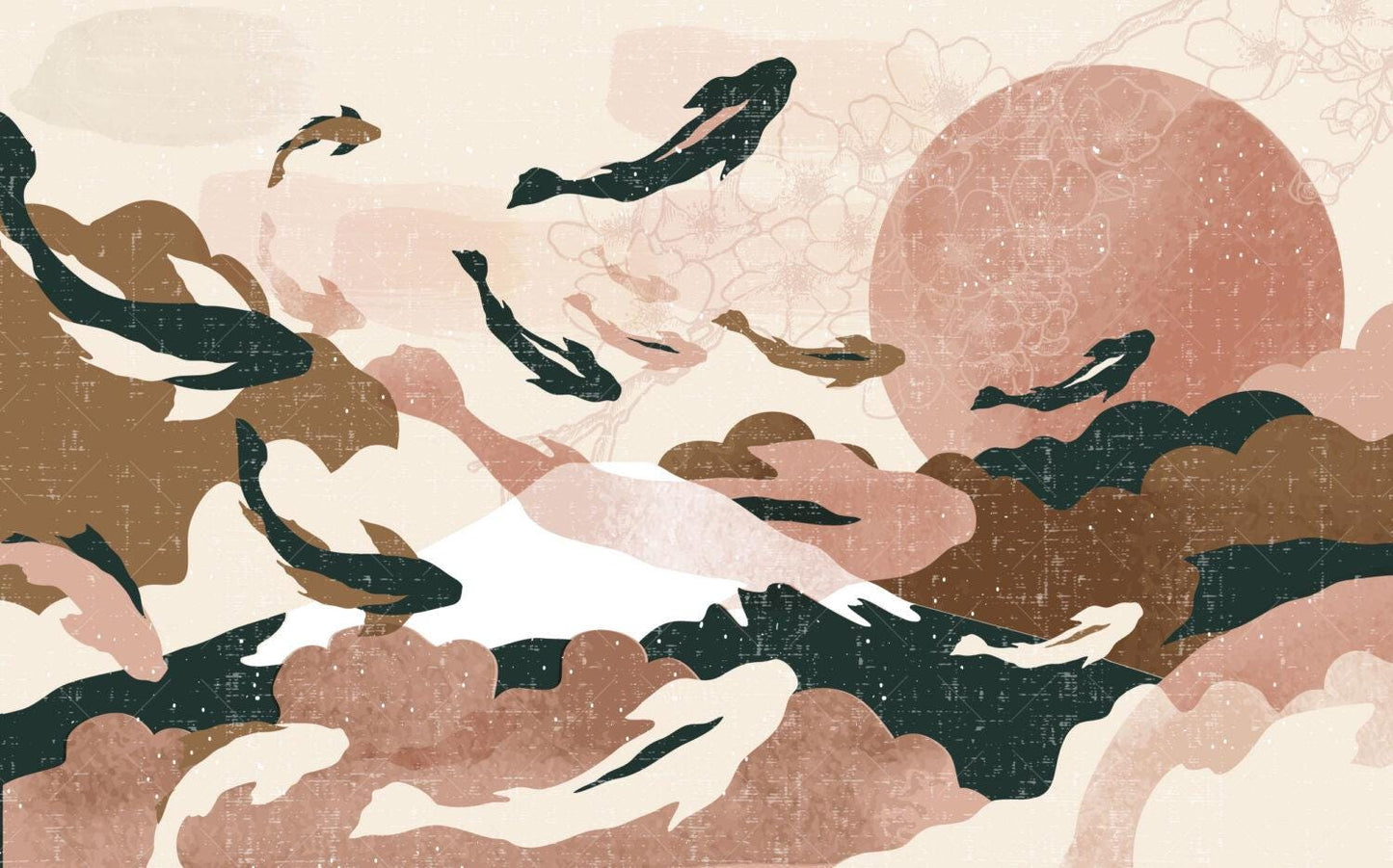 Illustration Soft Fish and Sky Collage Wallpaper, Peel and Stick Wallpaper, Stylish Room Design, Pink Wallpaper, Abstract Pattern Wallpaper