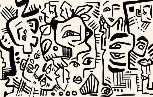 Linear Face Motifs Modern Wallpaper, Black and Beige Peel and Stick Wallpaper, Stylish Room Design, Abstract Wallpaper, Wall Design