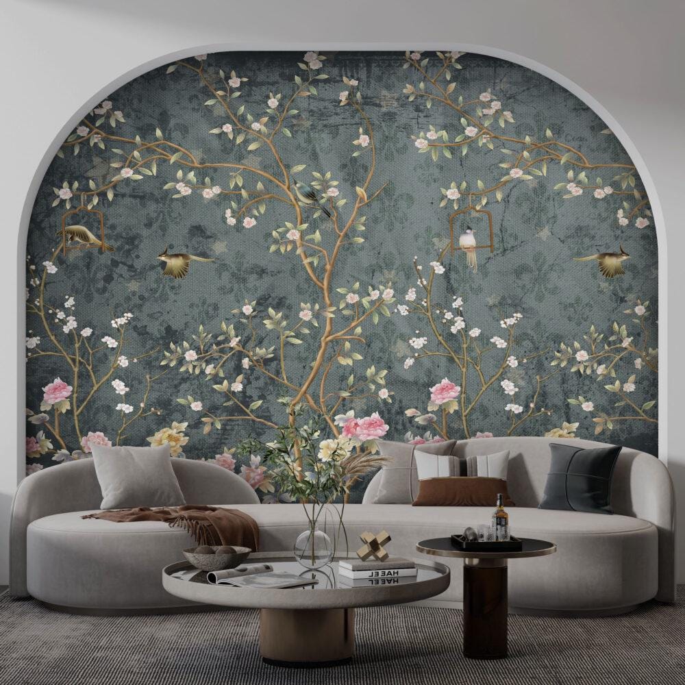 Chinese Motif Roses and Nightingale Wallpaper, Floral Wallpaper, Romantic Wall Mural, Peel and Stick Wallpaper, Green Drawing Wallpaper