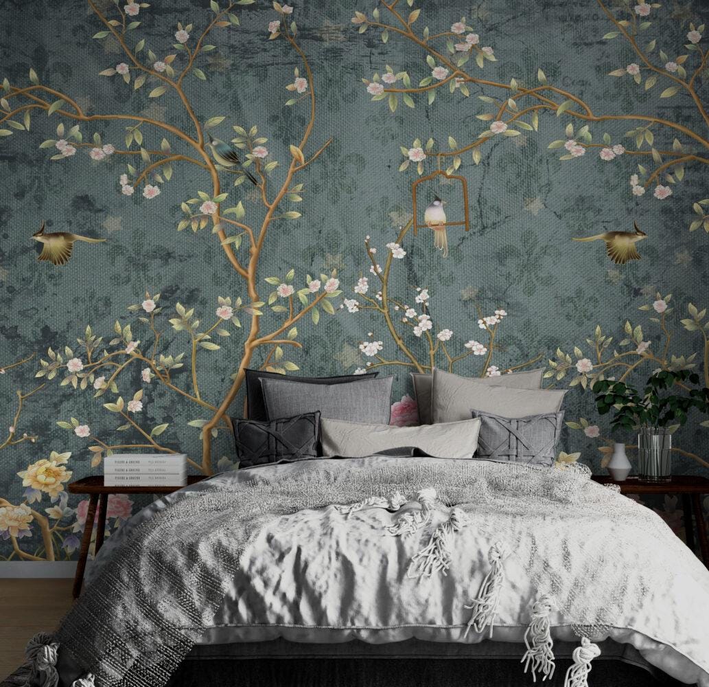 Chinese Motif Roses and Nightingale Wallpaper, Floral Wallpaper, Romantic Wall Mural, Peel and Stick Wallpaper, Green Drawing Wallpaper