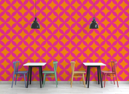 Geometric Patterned Wallpaper in Vibrant Colors , Peel and Stick Wallpaper, Stylish Room Design, Pink Wallpaper, Dynamic Neon Wallpaper