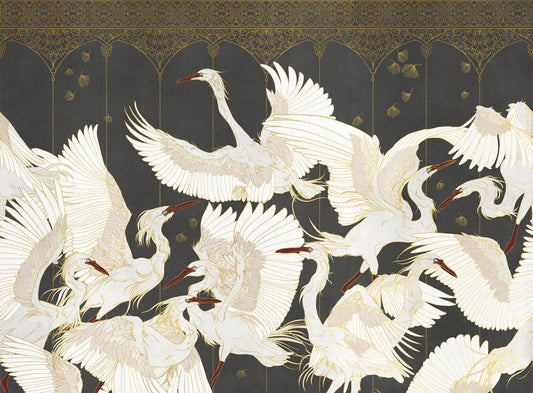 White Crane Birds Wallpaper, Mystic Artistic Wallpaper, Romantic Wall Mural, Peel and Stick Wallpaper, Drawing Wallpaper, Bohemian Wallpaper