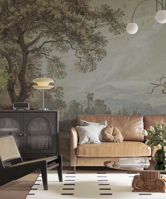 Path In The Forest Wallpaper, Bohemian Mural, Trees Wallpaper, Painting Wallpaper, Peel and Stick Wallpaper, Nostalgic Wallpaper