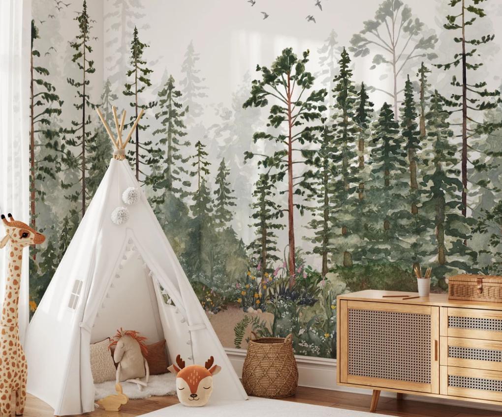 AMONG THE TREES Wallpaper For Kidsroom, Trees Wallpaper Nursery , Nature Kids Wall Mural, Kids Room Wall Peel and Stick Childrens Wallpaper