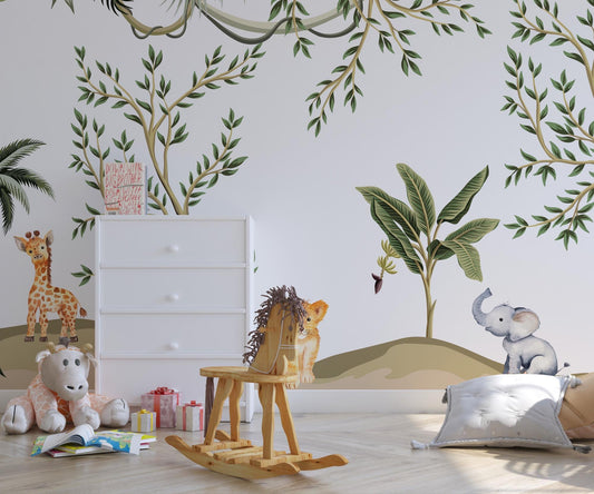 Baby Animals in Tropical Forest and IVY Wallpaper For Kidsroom, Jungle Wallpaper Nursery , Nature Childrens Wallpaper , Peel and Stick Mural