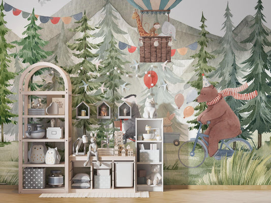 Party in the Forest Wallpaper For Kidsroom, Trees Wallpaper Nursery , Nature Childrens Wallpaper , Peel and Stick Wall Mural, Baby Wallpaper