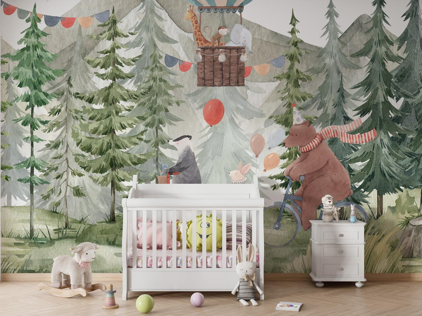 Party in the Forest Wallpaper For Kidsroom, Trees Wallpaper Nursery , Nature Childrens Wallpaper , Peel and Stick Wall Mural, Baby Wallpaper