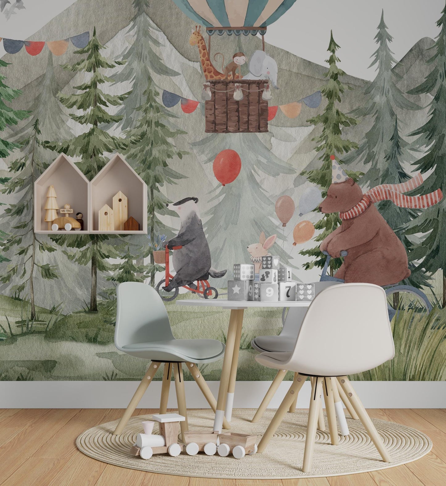 Party in the Forest Wallpaper For Kidsroom, Trees Wallpaper Nursery , Nature Childrens Wallpaper , Peel and Stick Wall Mural, Baby Wallpaper