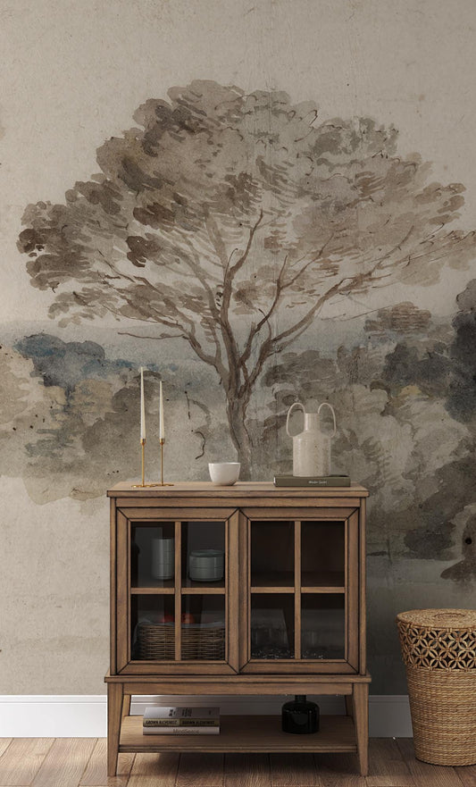 Romantic Brown Forest Watercolor Wallpaper, Trees Wallpaper, Bohemian Wall Mural, Peel and Stick Wallpaper, Stylish Room Design, Wall Design