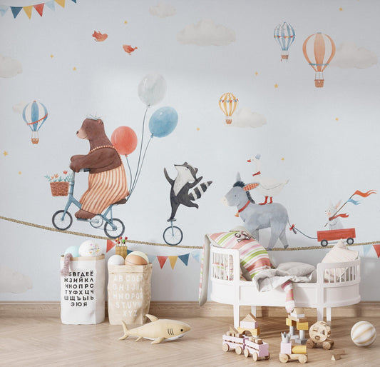 Circus Animals on Rope Wallpaper For Kidsroom, Cute Animals Wallpaper Nursery, Childrens Wallpaper , Peel and Stick Wallpaper,Baby Wallpaper