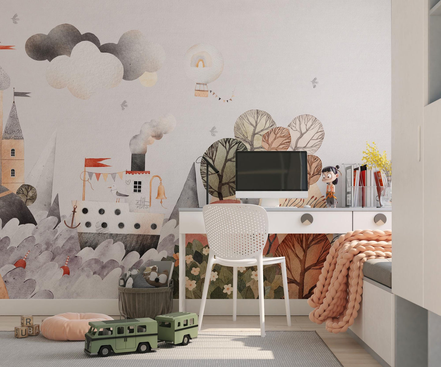 Child's Dream Wallpaper For Kidsroom, Cute Animals Wallpaper Nursery, Childrens Wallpaper , Peel and Stick Wallpaper, Watercolor Wallpaper