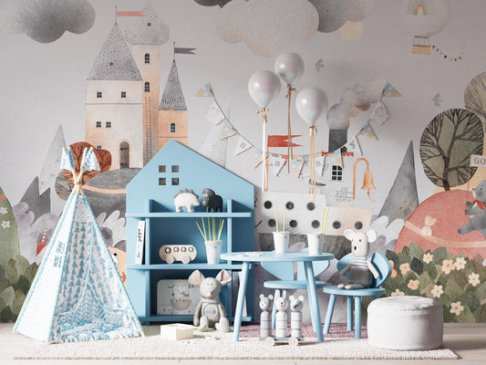 Child's Dream Wallpaper For Kidsroom, Cute Animals Wallpaper Nursery, Childrens Wallpaper , Peel and Stick Wallpaper, Watercolor Wallpaper