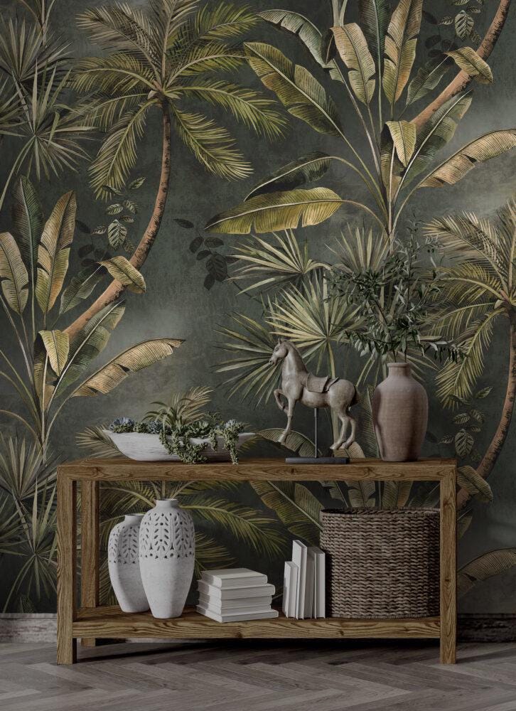 Dark Green Palm Trees And Banana Leaves Wallpaper, Bohemian Wallpaper, Leaf Mural, Peel and Stick Wallpaper, Stylish Room Design